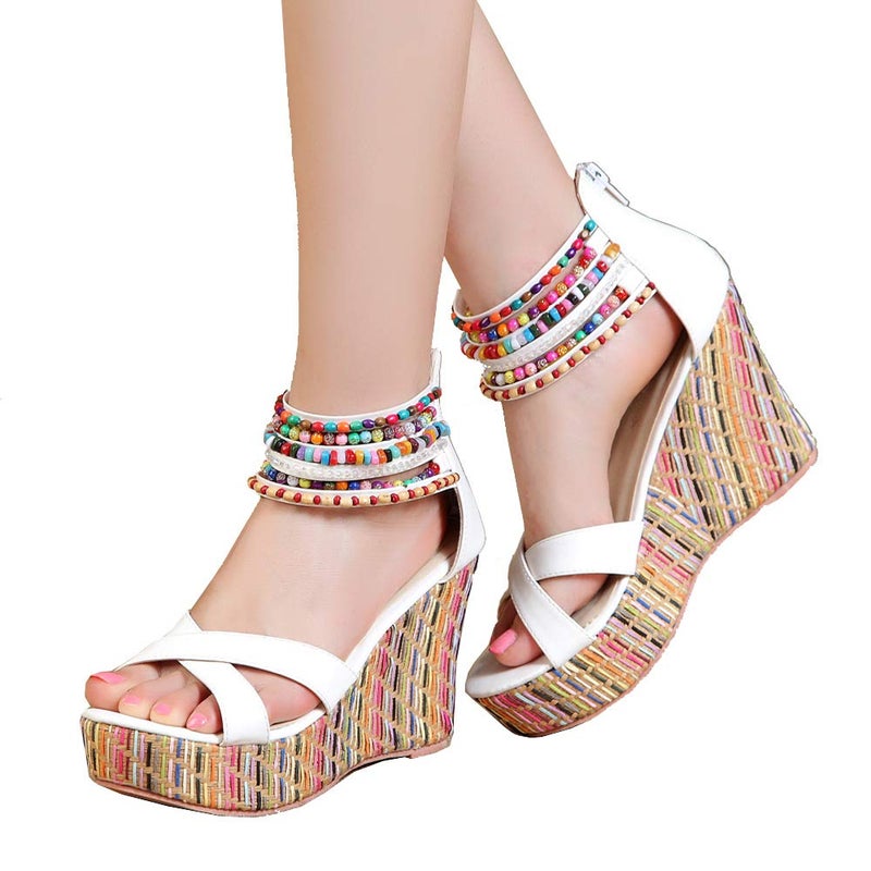 getmorebeauty Women's Wedge Sandals Pearls Across The Top Platform High Heels (7.5 US, White Belt) - Image 2